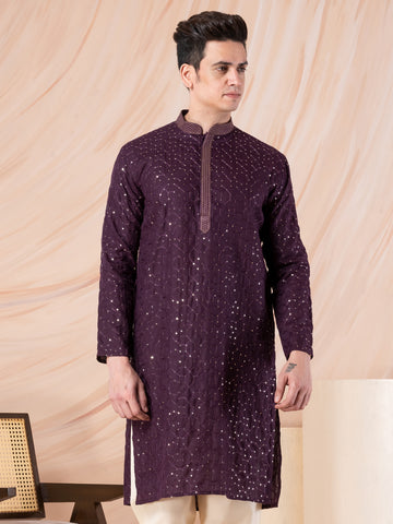 Mens Purple Thread & Sequins Work Cotton Kurta Set