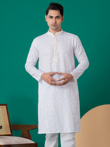 Mens White Thread & Sequins Work Cotton Kurta Set