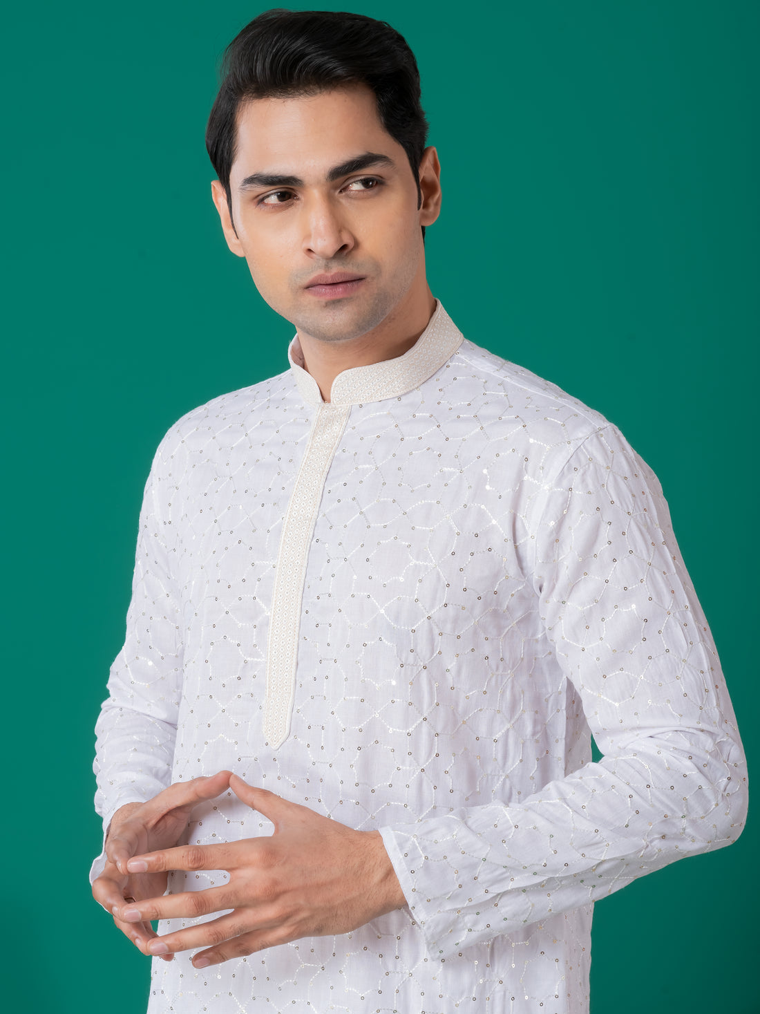 Mens White Thread & Sequins Work Cotton Kurta Set