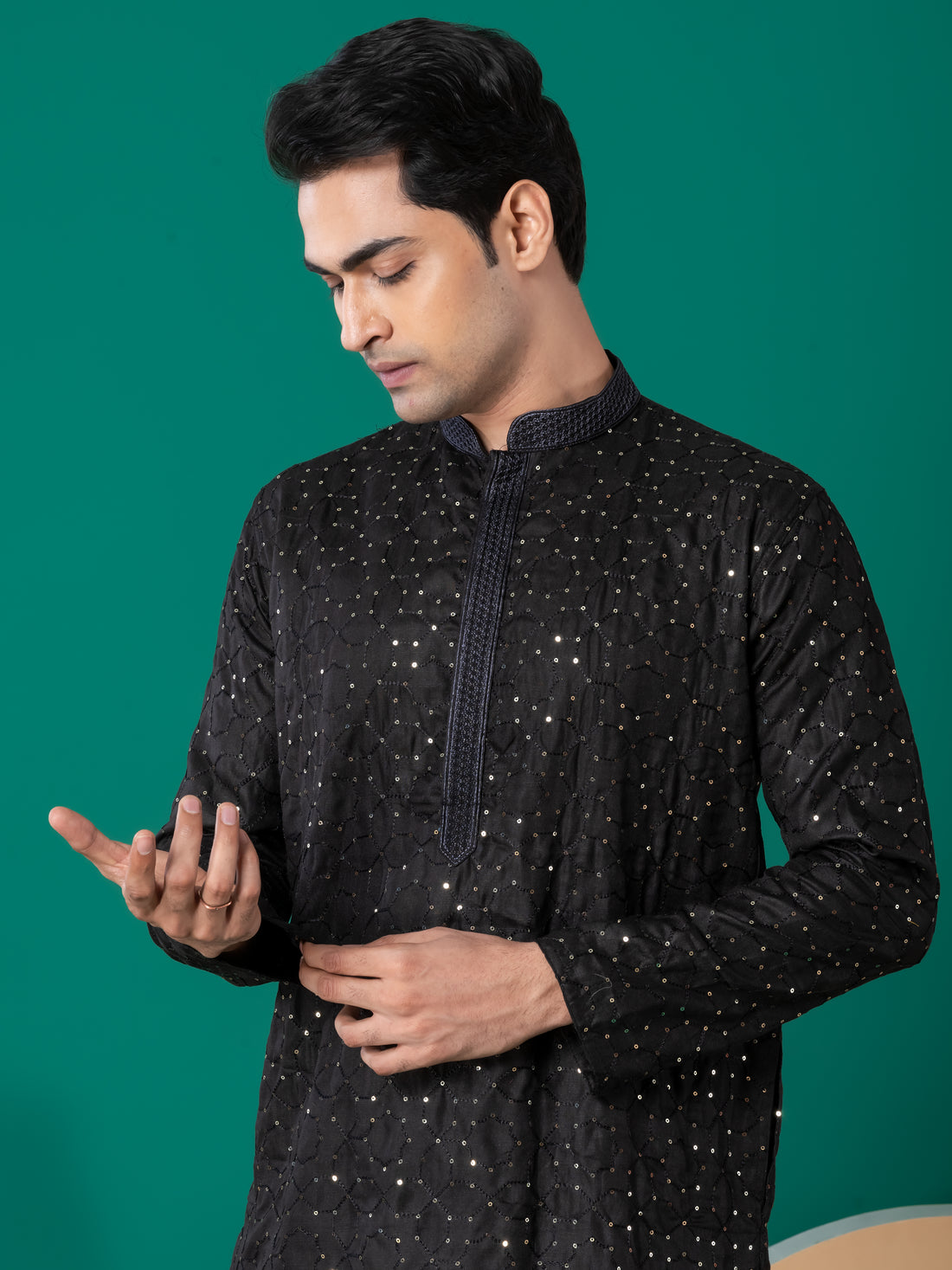 Mens Black Thread & Sequins Work Cotton Kurta Set