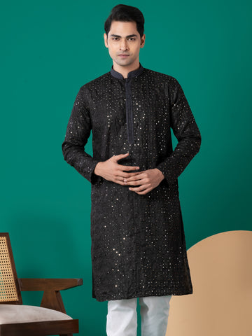 Mens Black Thread & Sequins Work Cotton Kurta Set
