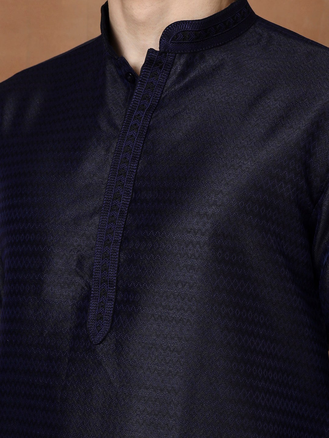 Mens Navy Blue Self Design Jacquard Silk Kurta Set