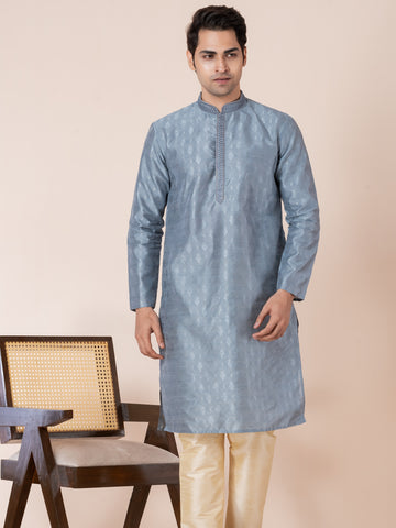 Mens Grey Self Design Jacquard Silk Kurta Set