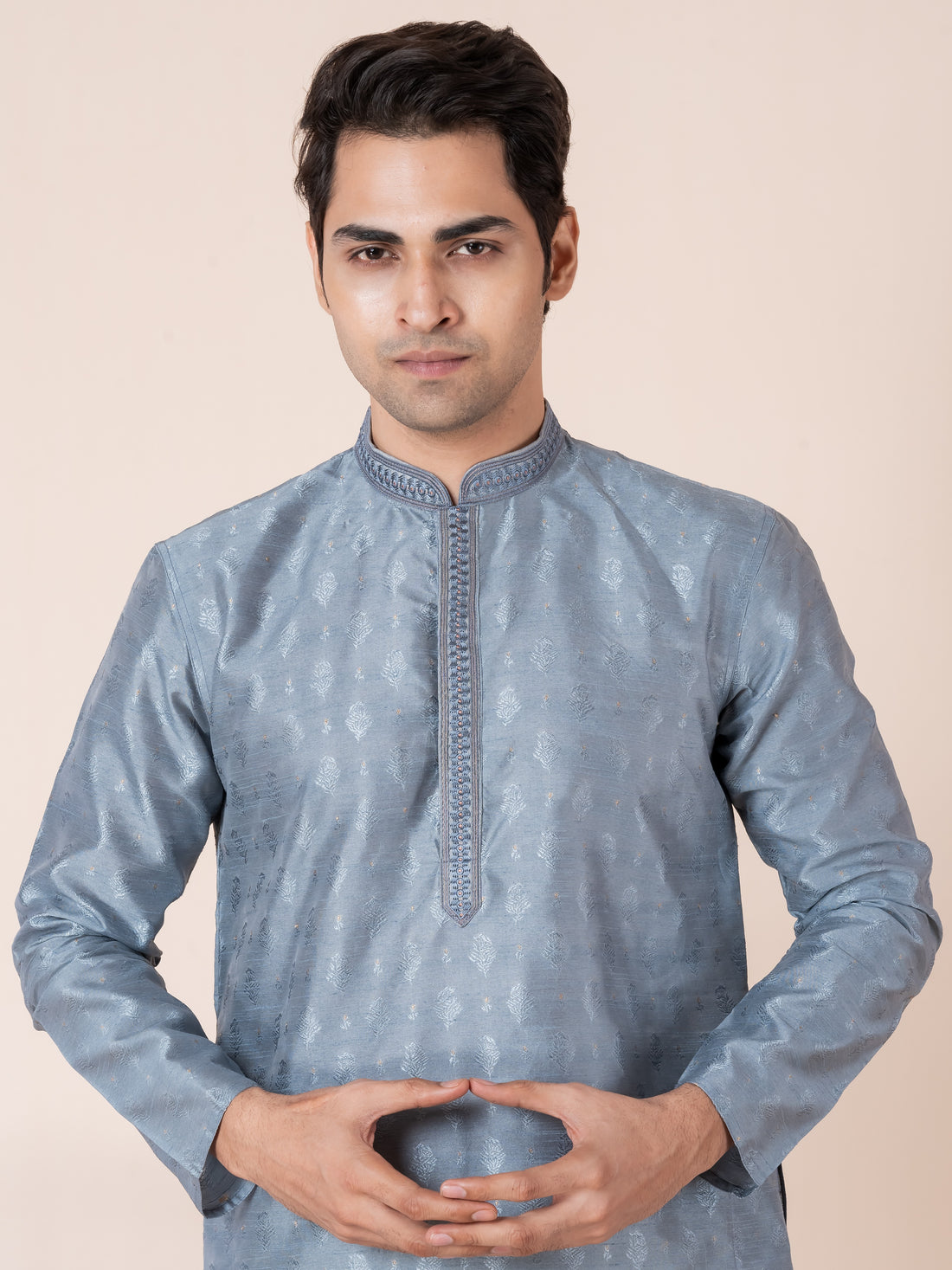 Mens Grey Self Design Jacquard Silk Kurta Set