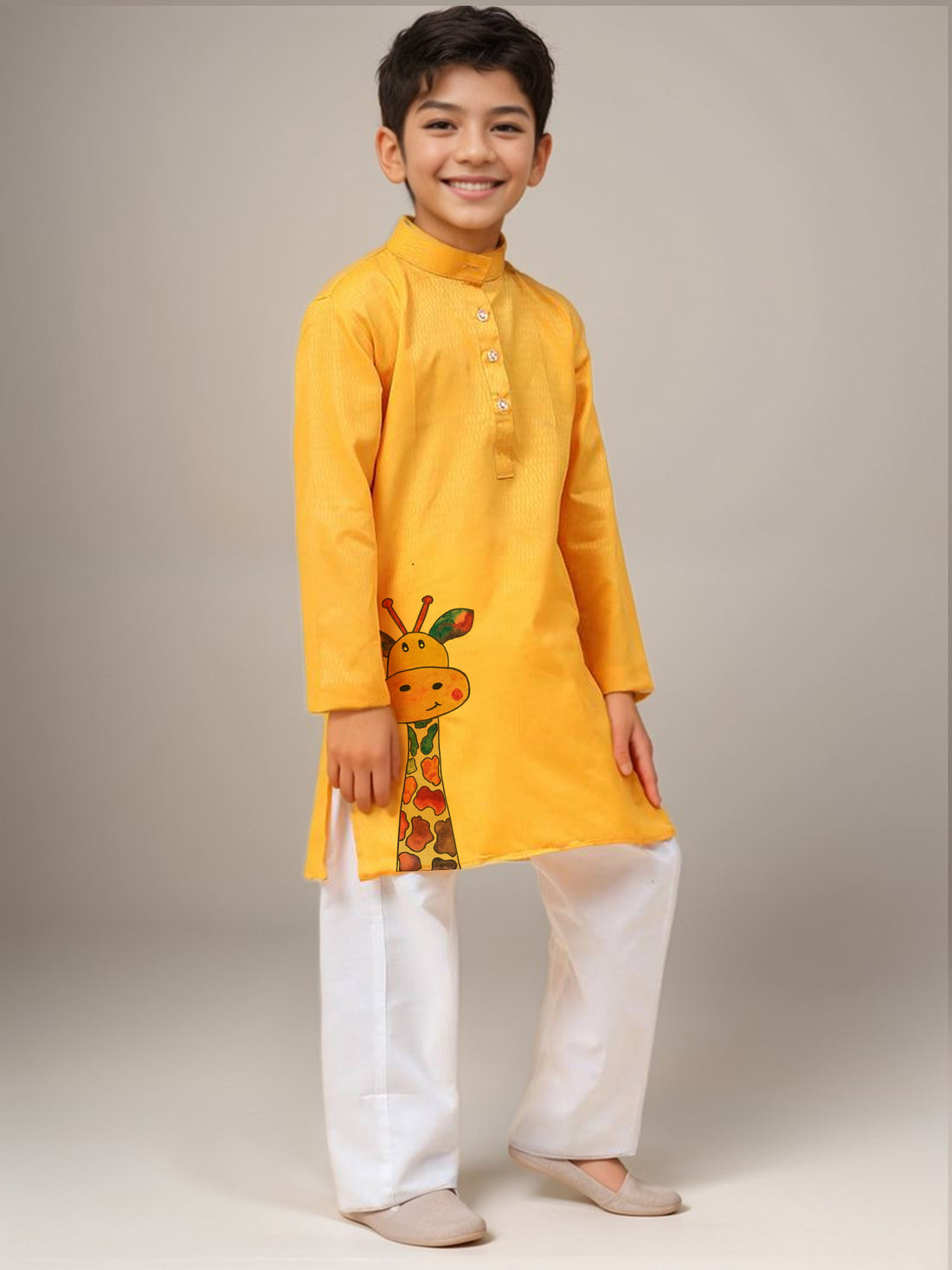 Boys Yellow Cotton Kurta with Printed Design