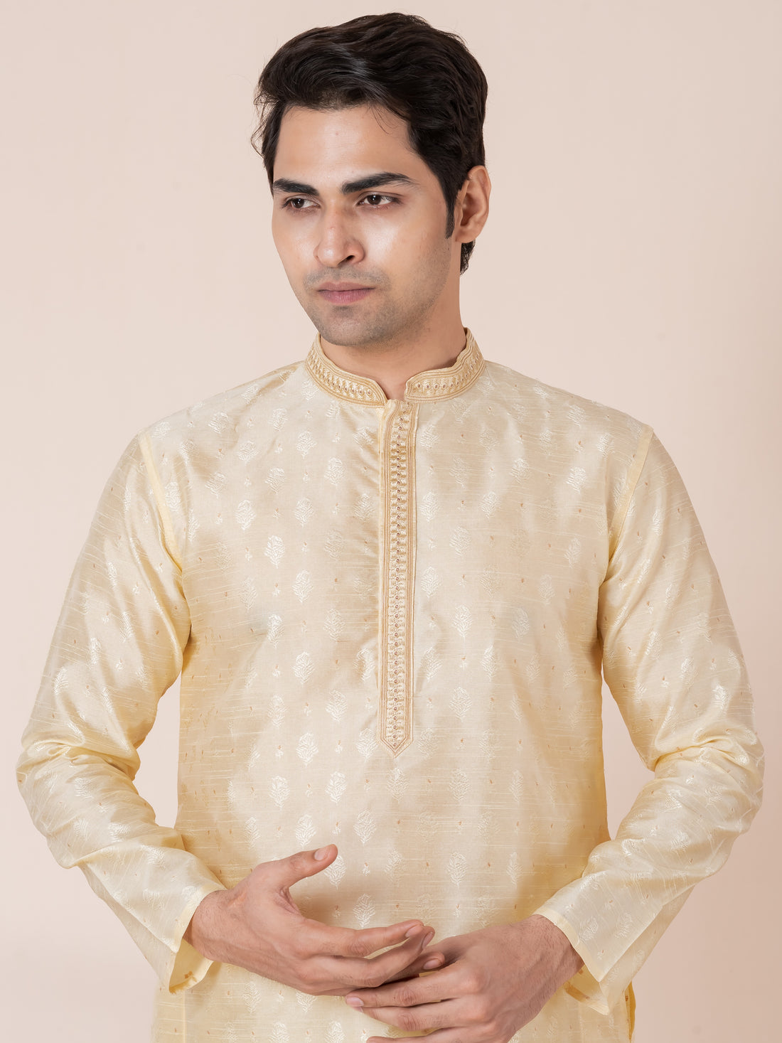 Mens Beige Self Design Jacquard Silk Kurta Set