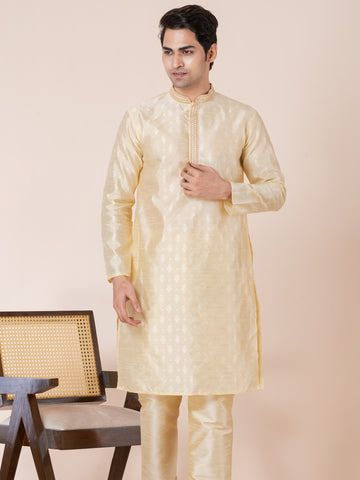 Mens Beige Self Design Jacquard Silk Kurta Set