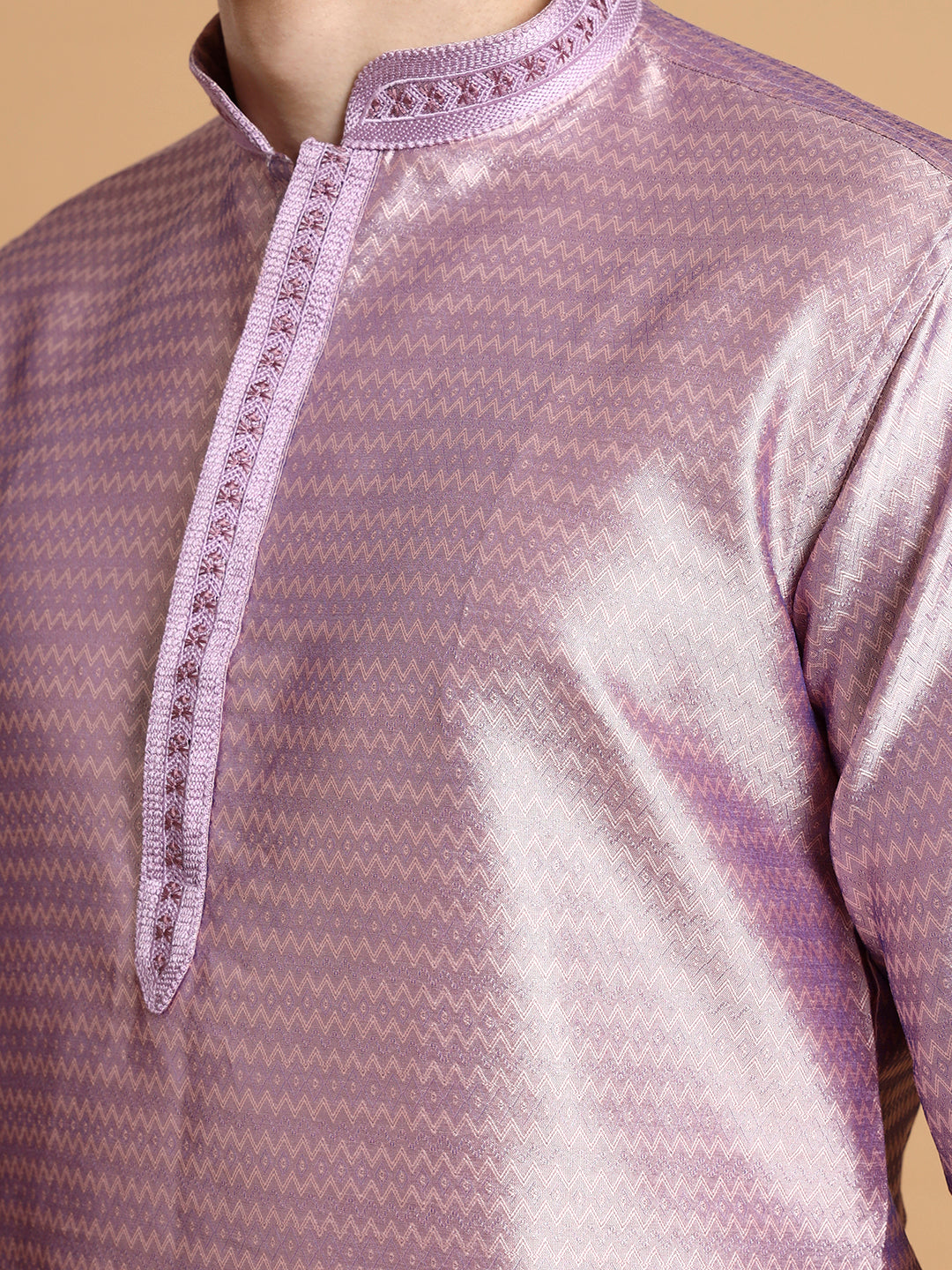 Mens Lavender Self Design Jacquard Silk Kurta Set