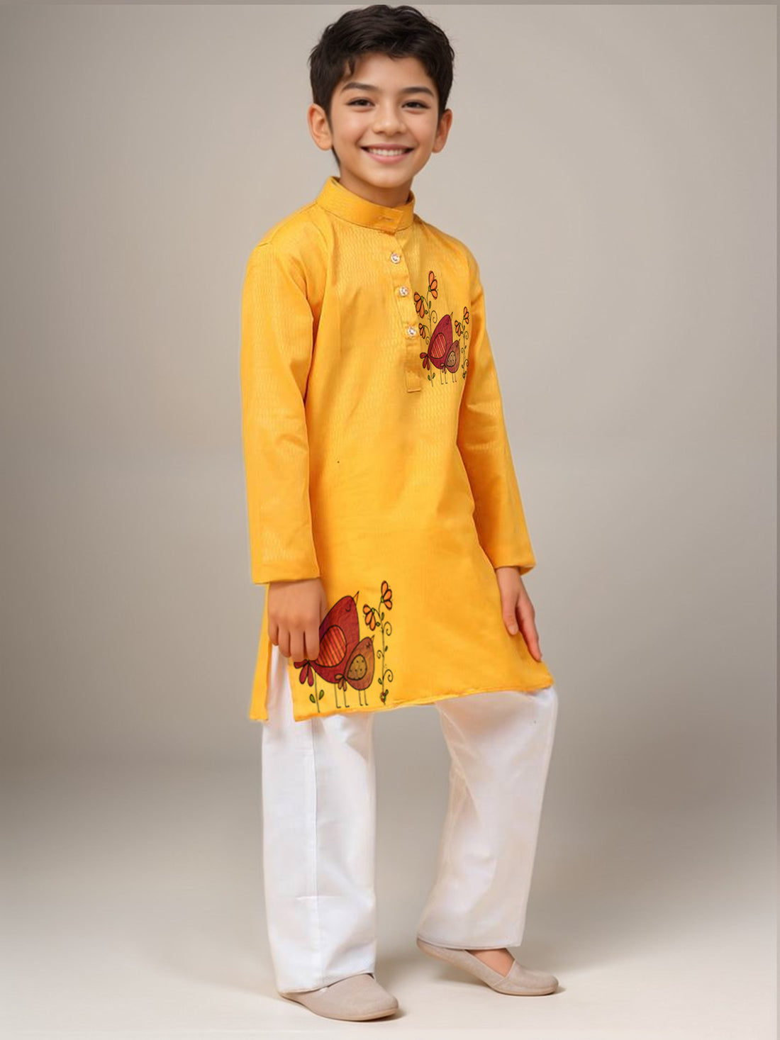Boys Yellow Cotton Kurta with Printed Design