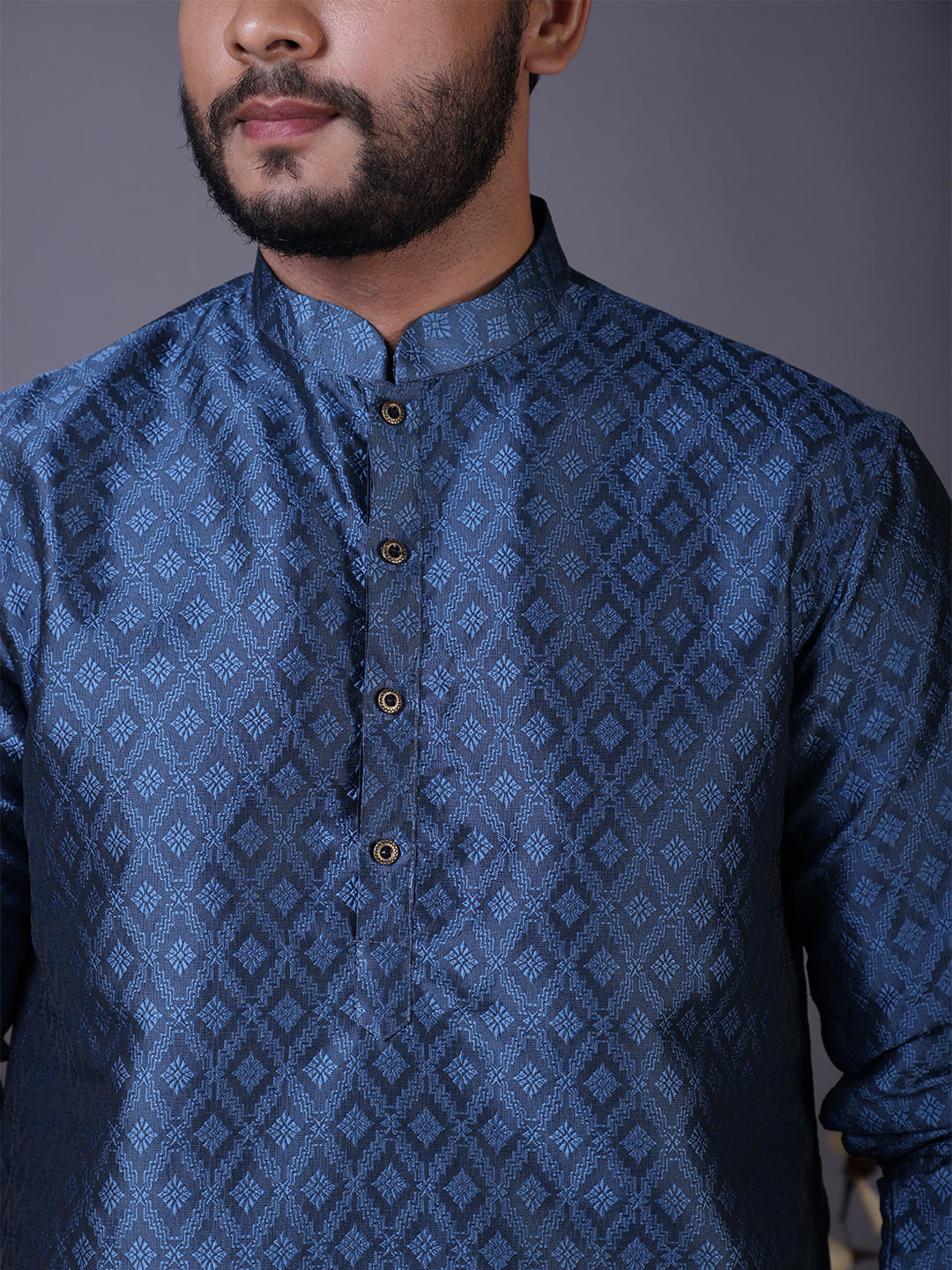 Mens Blue Self Design Cotton Silk Kurta Set