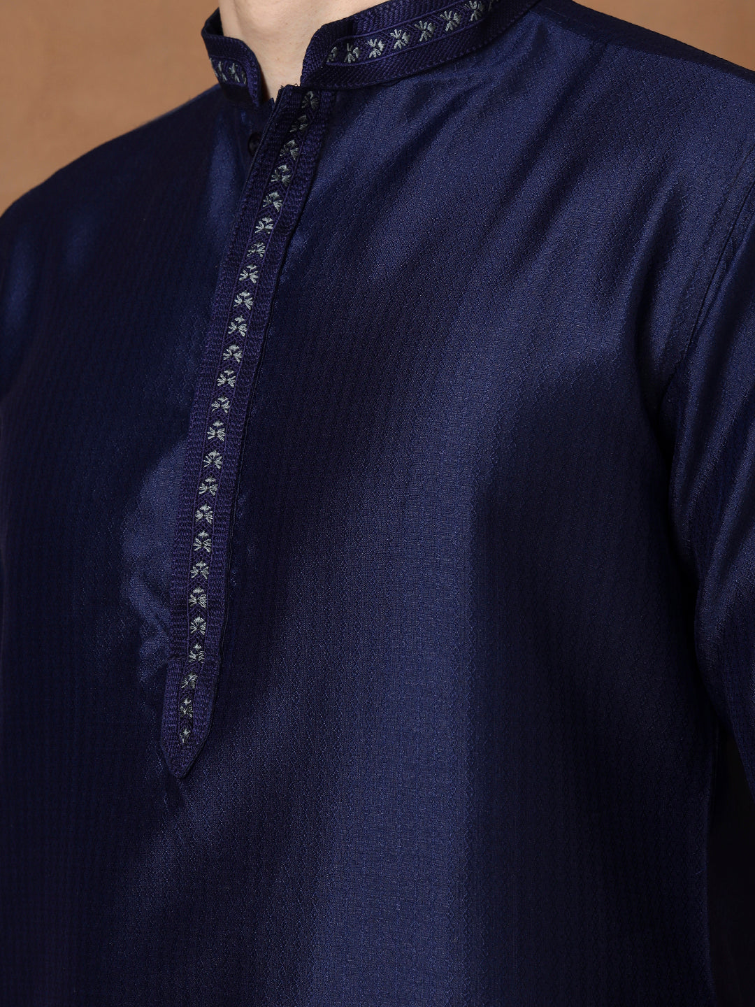 Mens Navy Blue Self Design Jacquard Silk Kurta Set