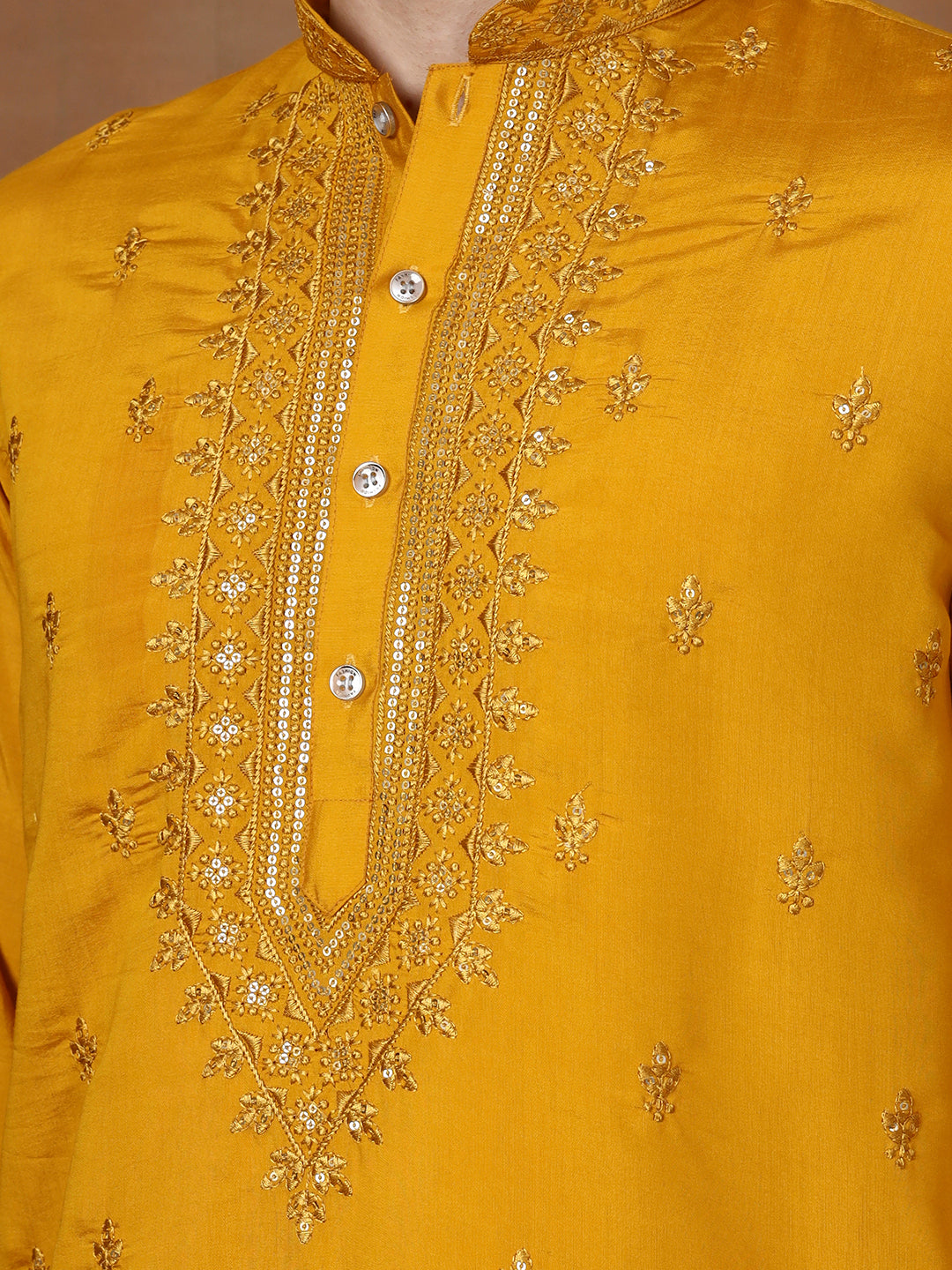 Mens Mustard Thread & Mirror Work Modal Silk Kurta Set