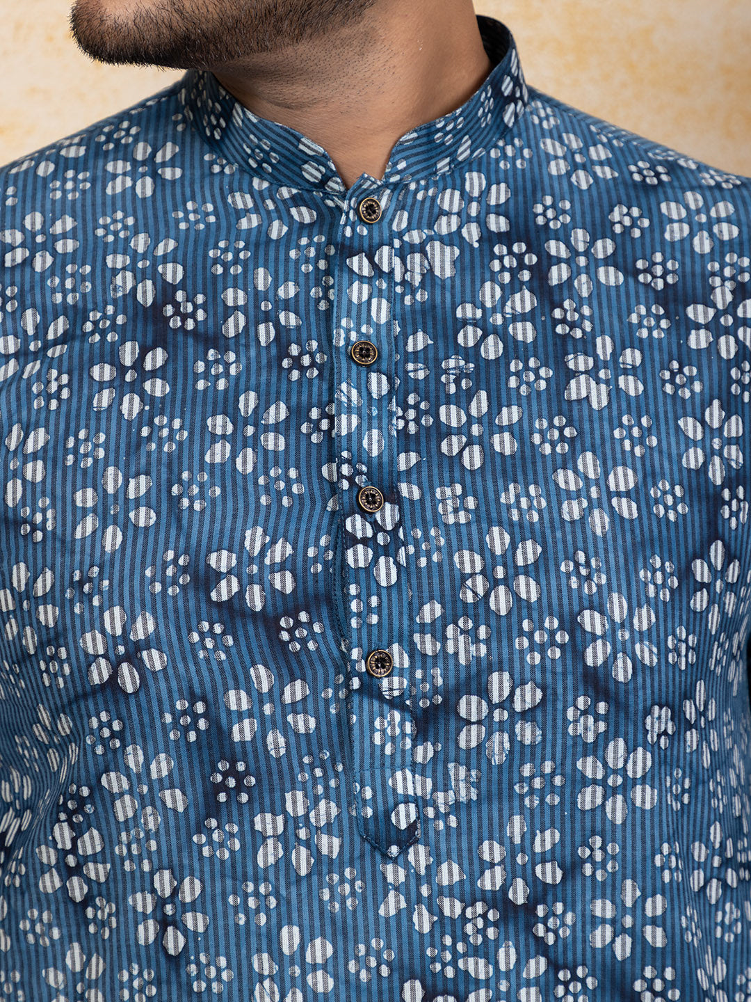 Mens Blue Floral Printed Cotton Kurta Set