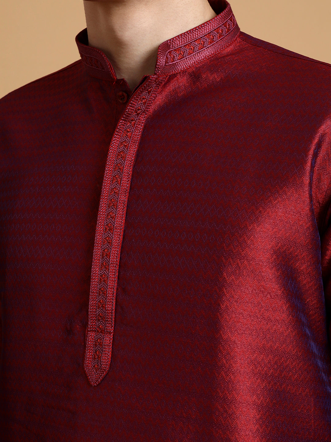 Mens Maroon Self Design Jacquard Silk Kurta Set