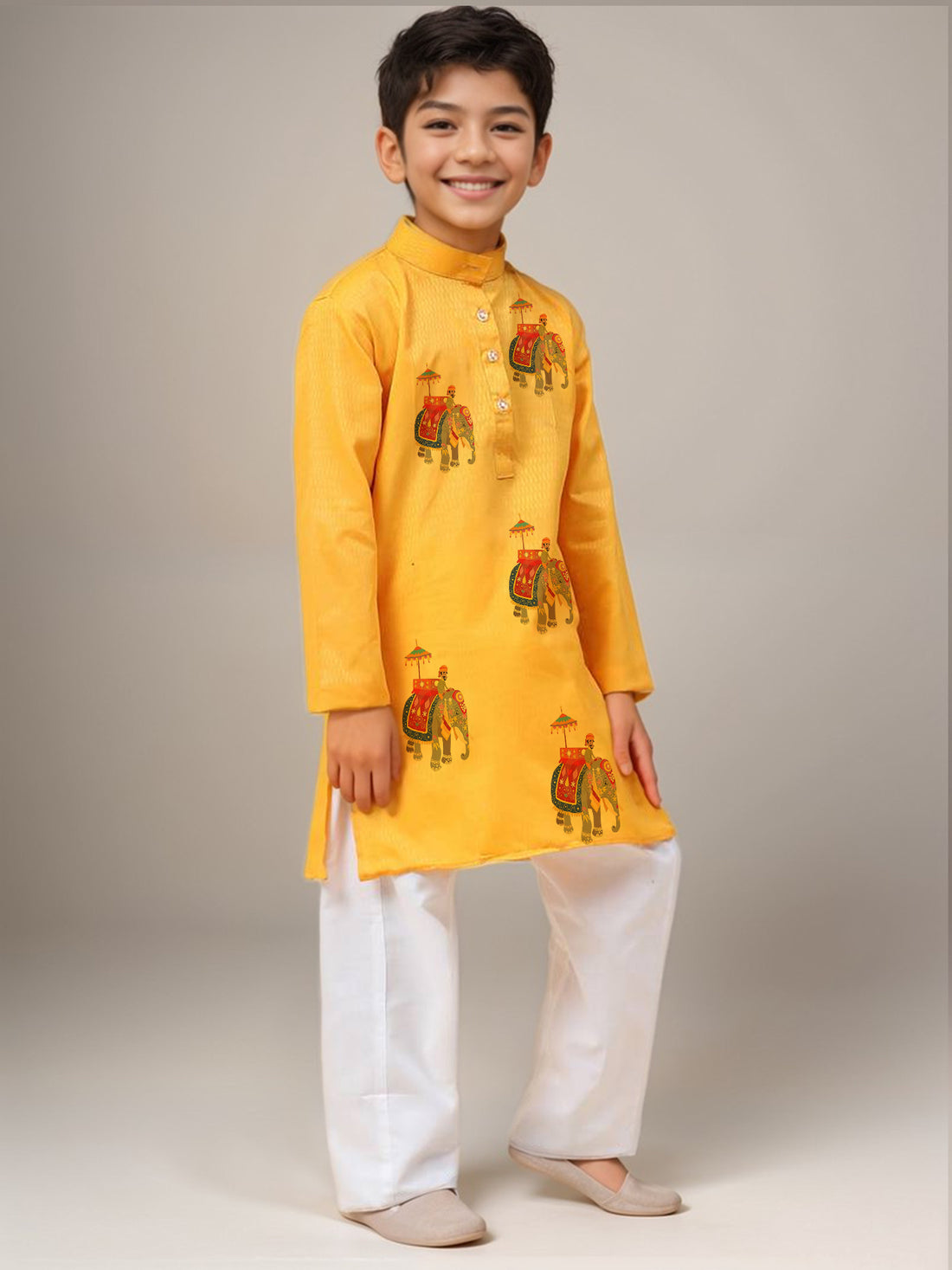 Boys Yellow Cotton Kurta with Printed Design