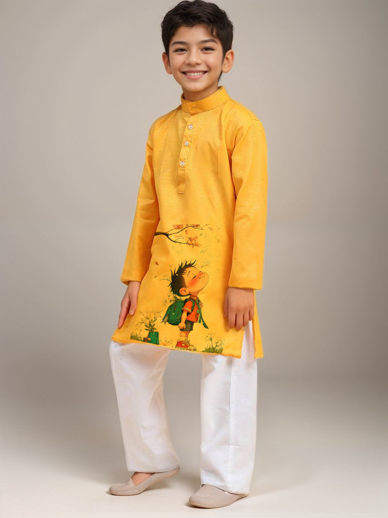 Boys Yellow Cotton Kurta with Printed Design