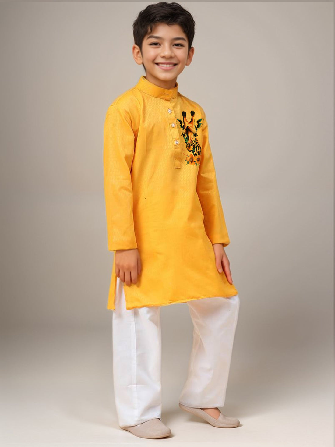 Boys Yellow Cotton Kurta with Printed Design