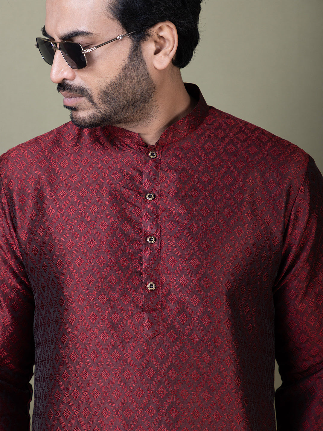 Mens Maroon Self Design Cotton Silk Kurta Set
