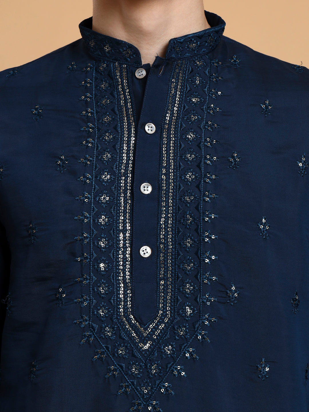 Mens Navy Blue Thread & Mirror Work Modal Silk Kurta Set