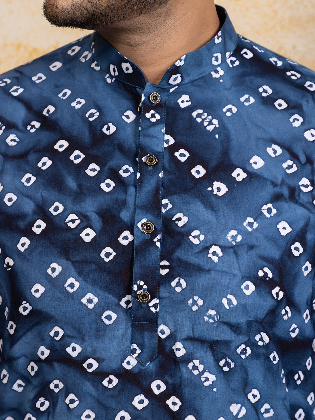 Mens Navy Blue Bandhani Printed Cotton Kurta Set