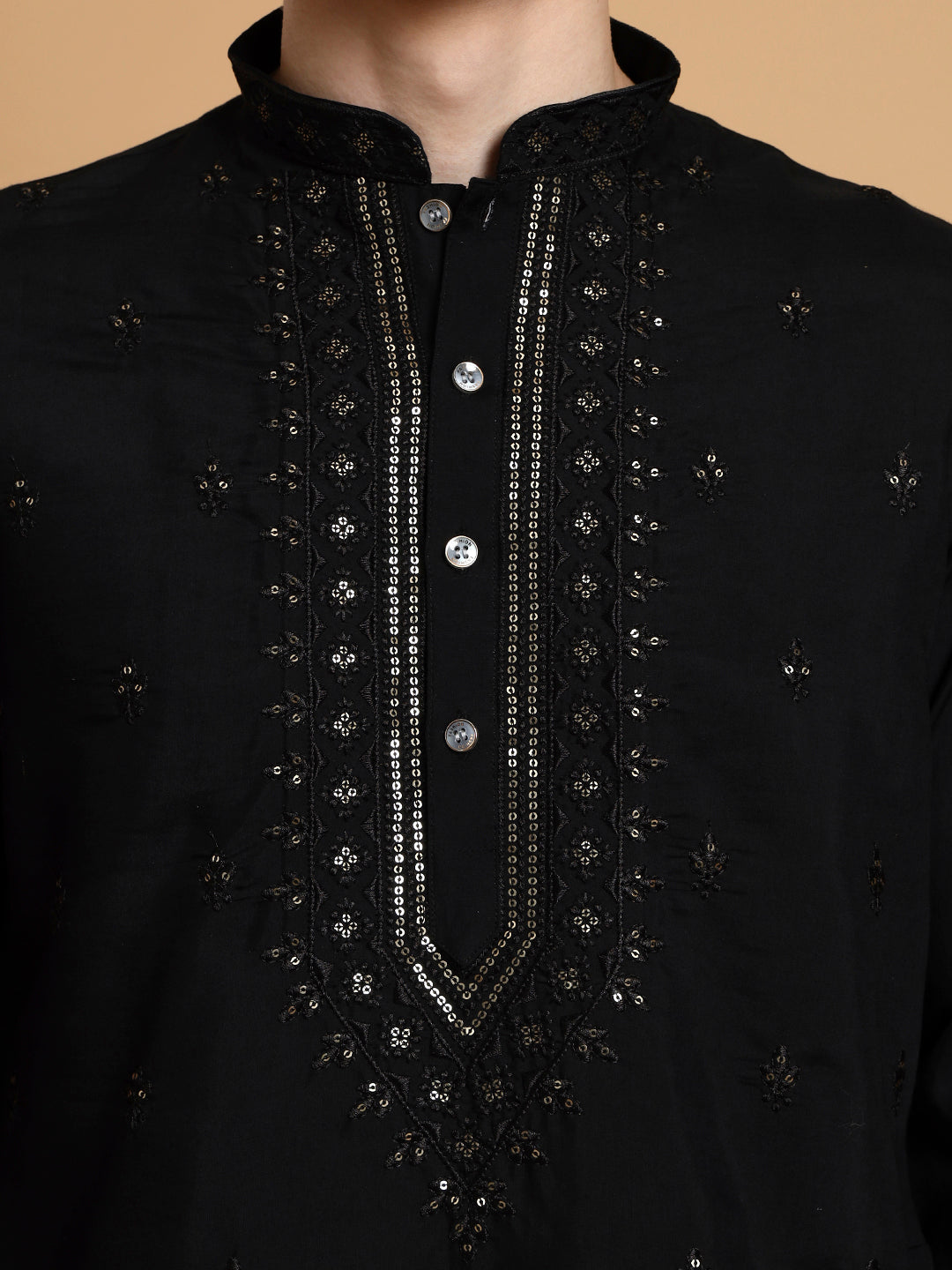Mens Black Thread & Mirror Work Modal Silk Kurta Set
