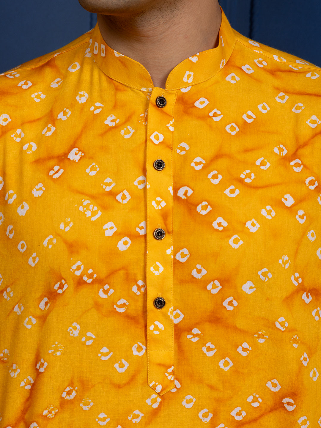 Mens Yellow Bandhani Printed Cotton Kurta Set