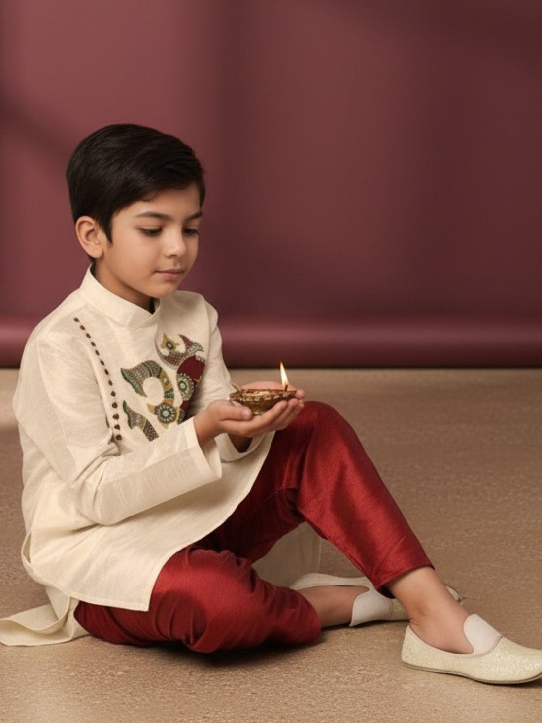 Boys Beige Printed Design Art Silk Kurta Set