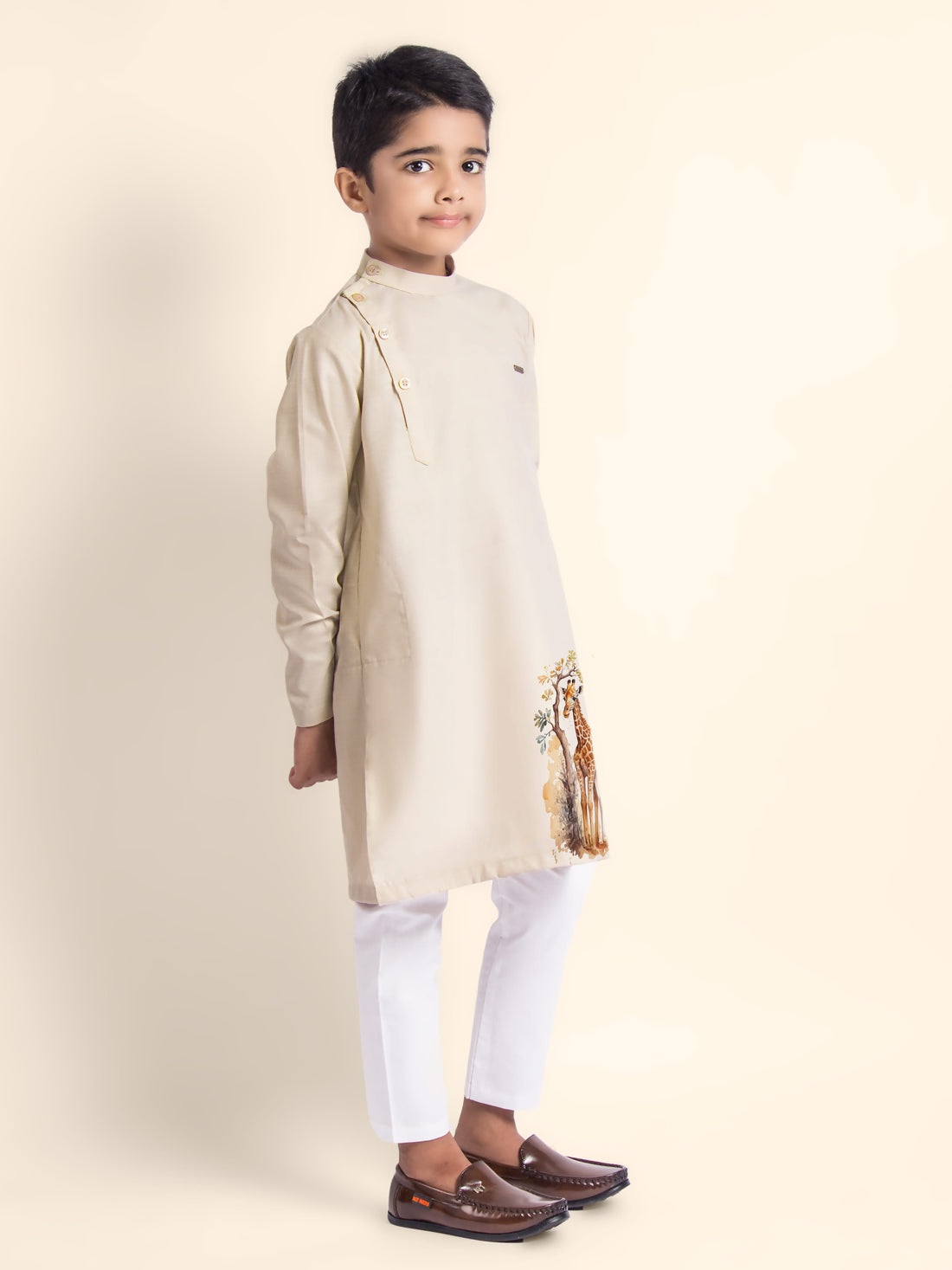Boys Beige Cotton Kurta with Printed Design