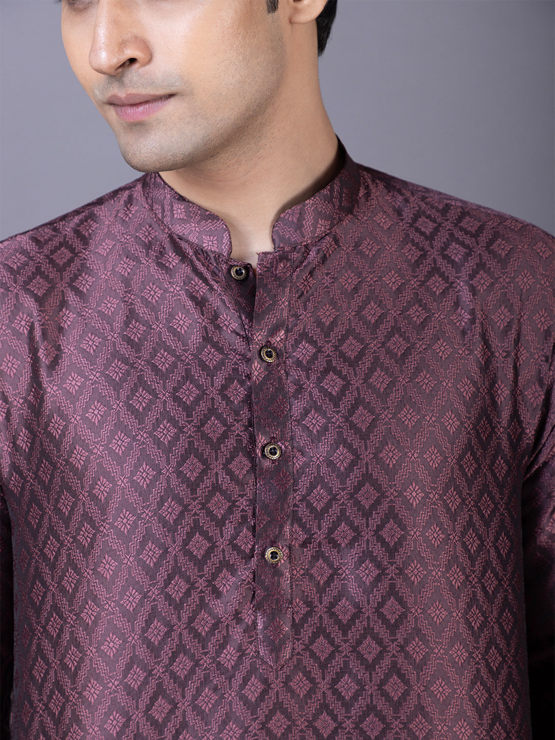 Mens Purple Self Design Cotton Silk Kurta Set