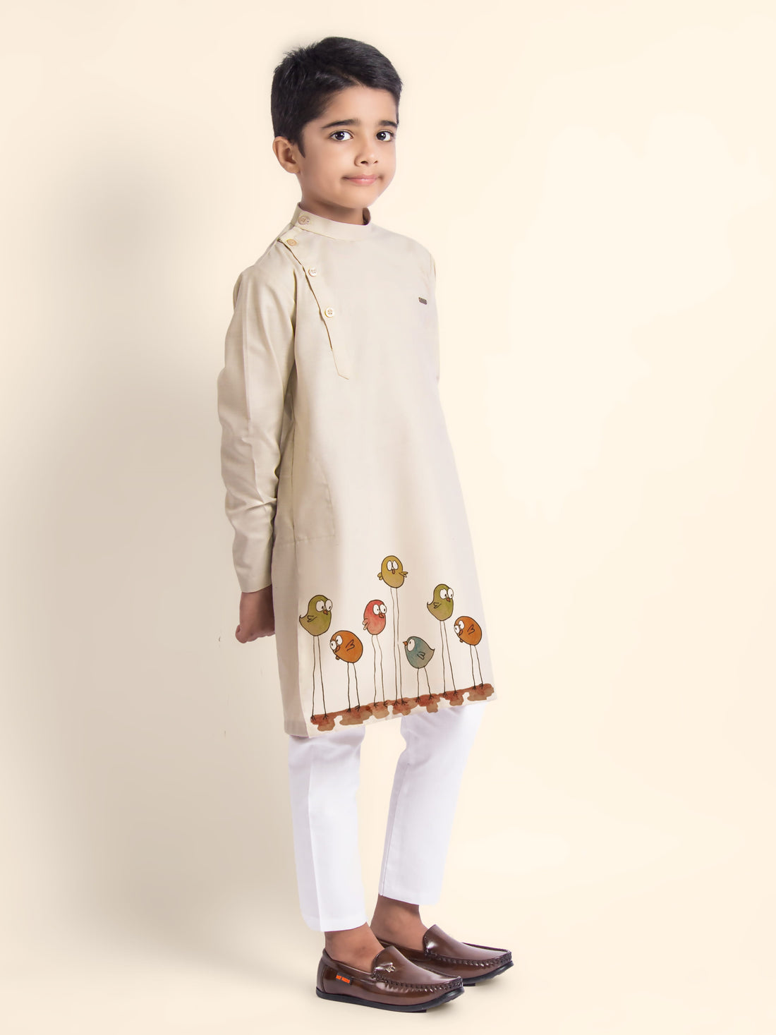 Boys Beige Cotton Kurta with Printed Design