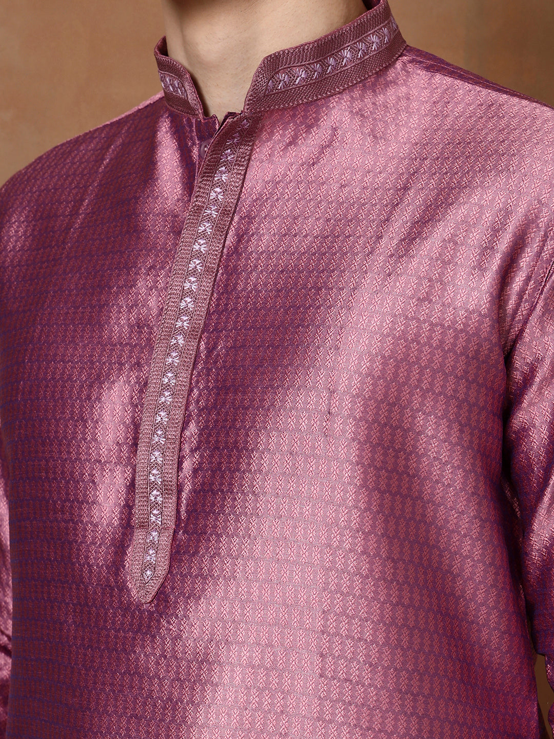 Mens Purple Self Design Jacquard Silk Kurta Set