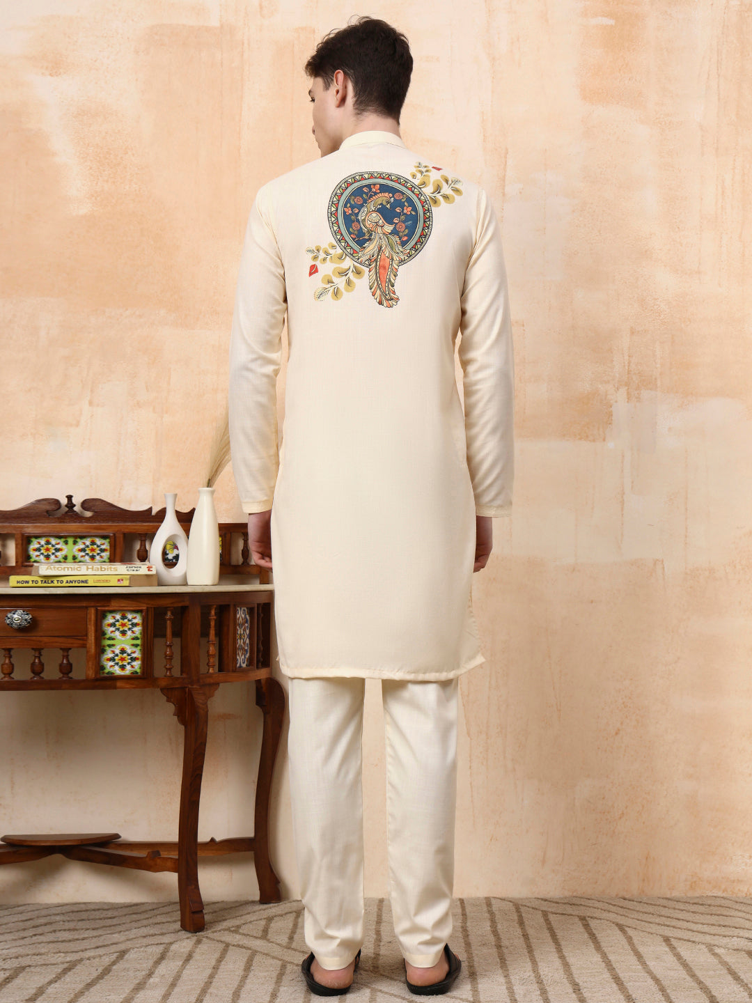 Mens Beige Ethnic Print Cotton Kurta Set