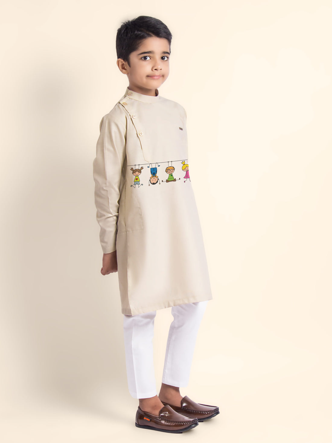 Boys Beige Cotton Kurta with Printed Design