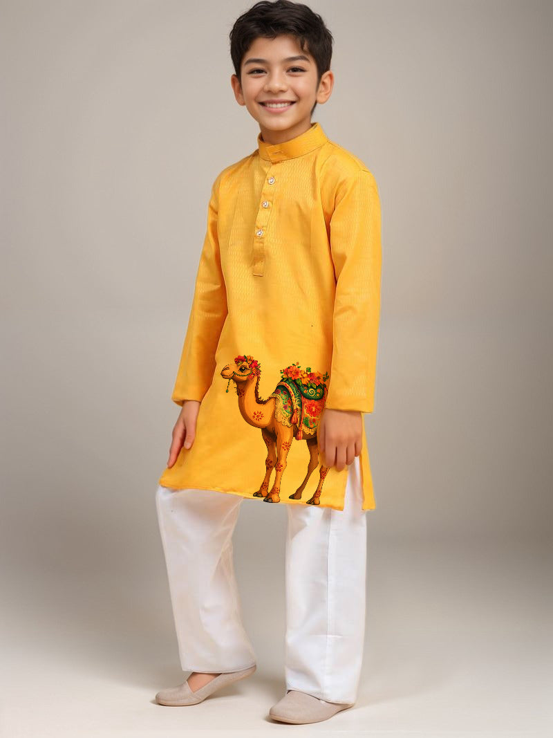 Boys Yellow Cotton Kurta with Printed Design