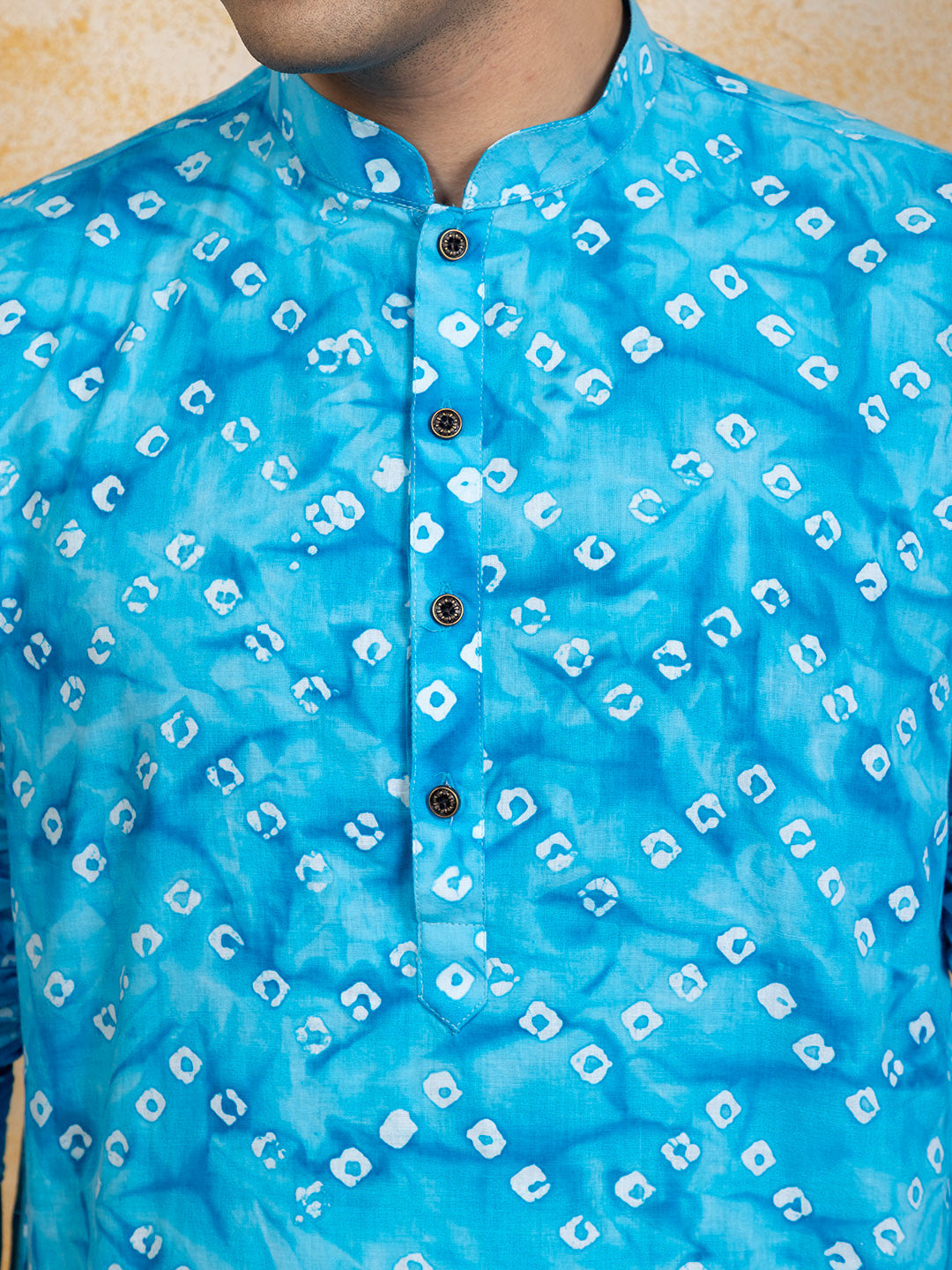 Mens Blue Bandhani Printed Cotton Kurta Set