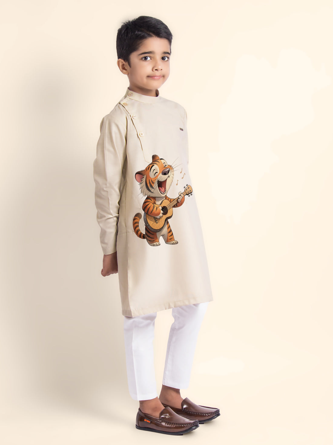 Boys Beige Cotton Kurta with Printed Design
