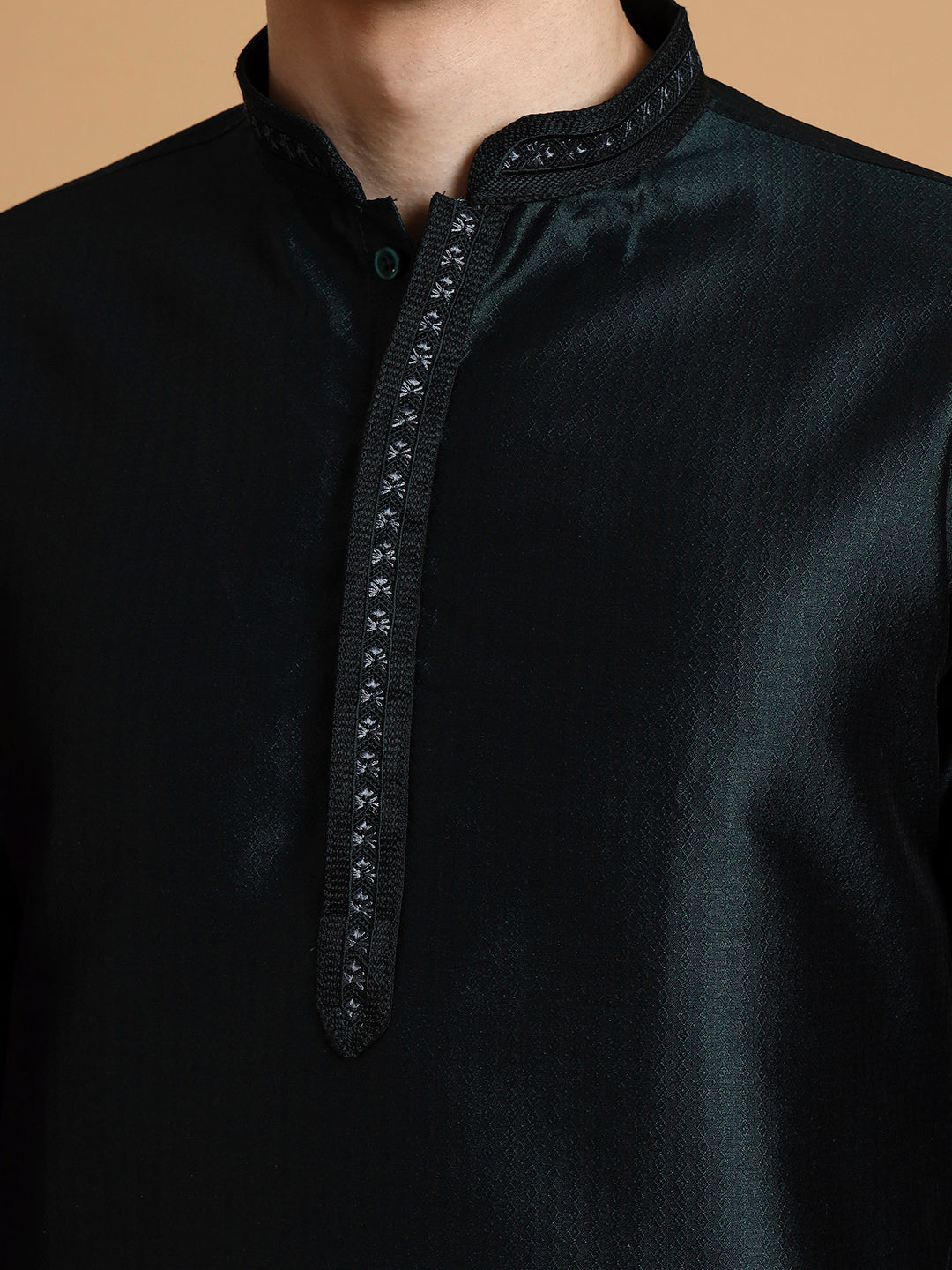 Mens Green Self Design Jacquard Silk Kurta Set