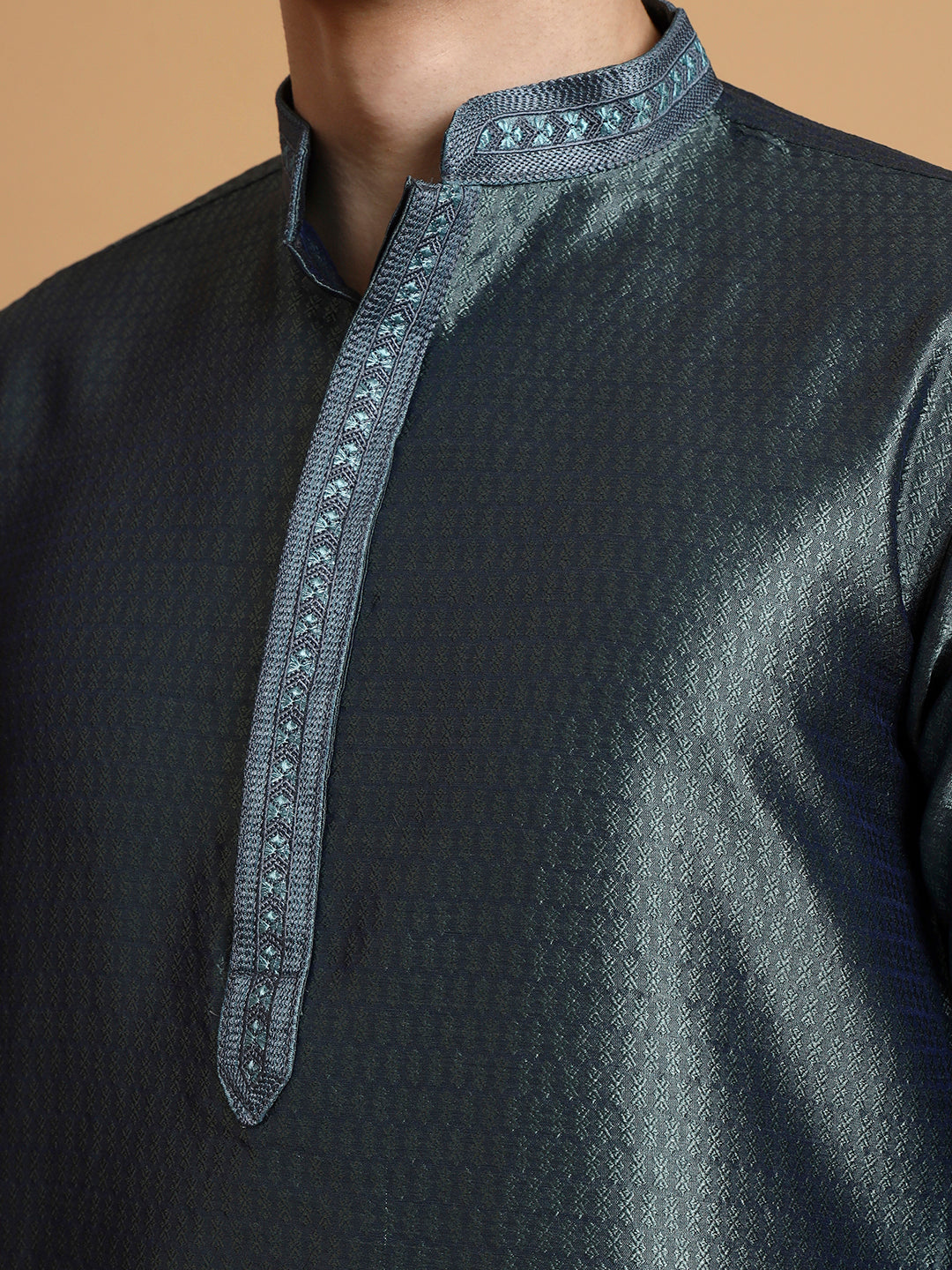 Mens Teal Green Self Design Jacquard Silk Kurta Set
