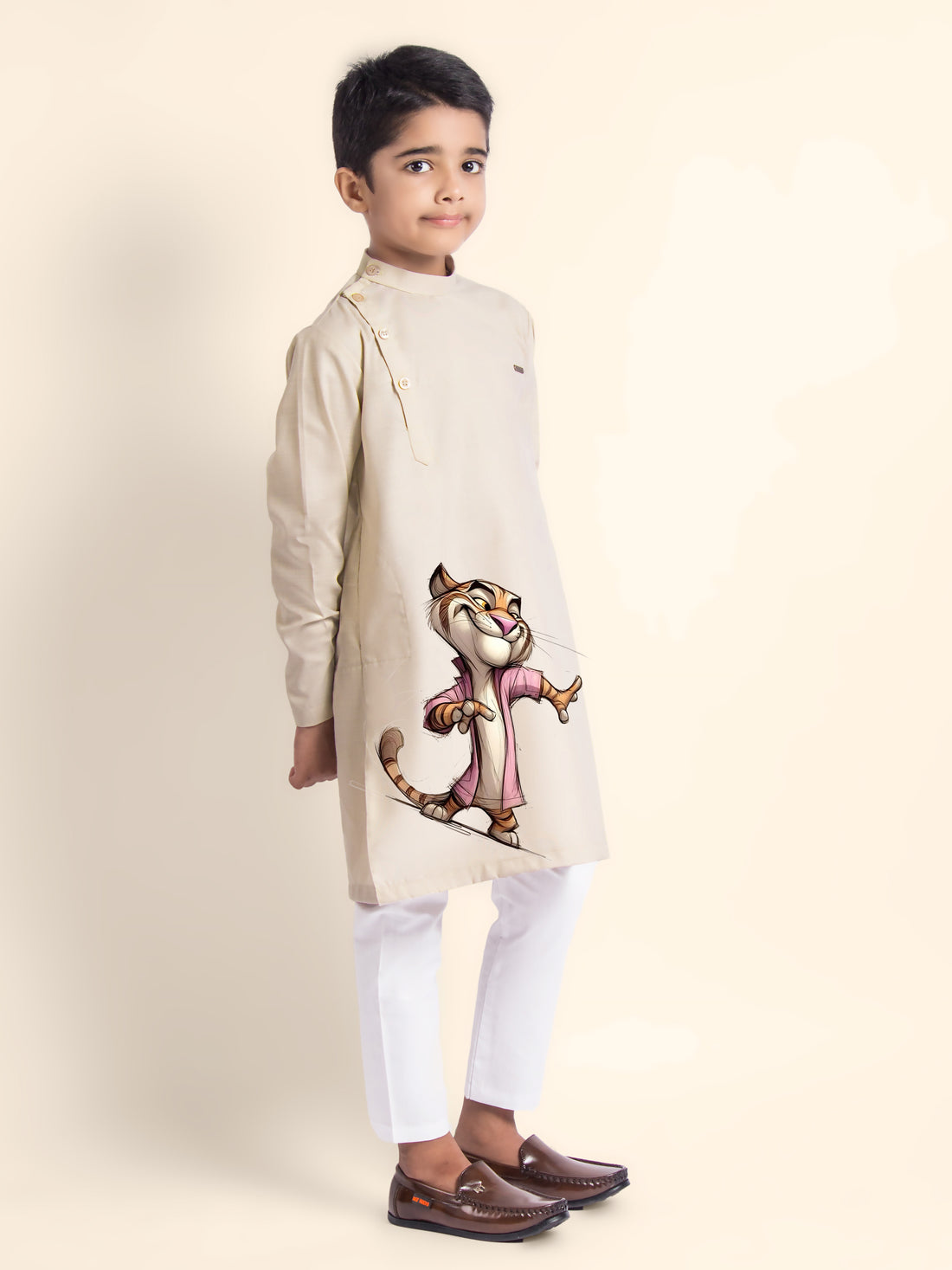 Boys Beige Cotton Kurta with Printed Design