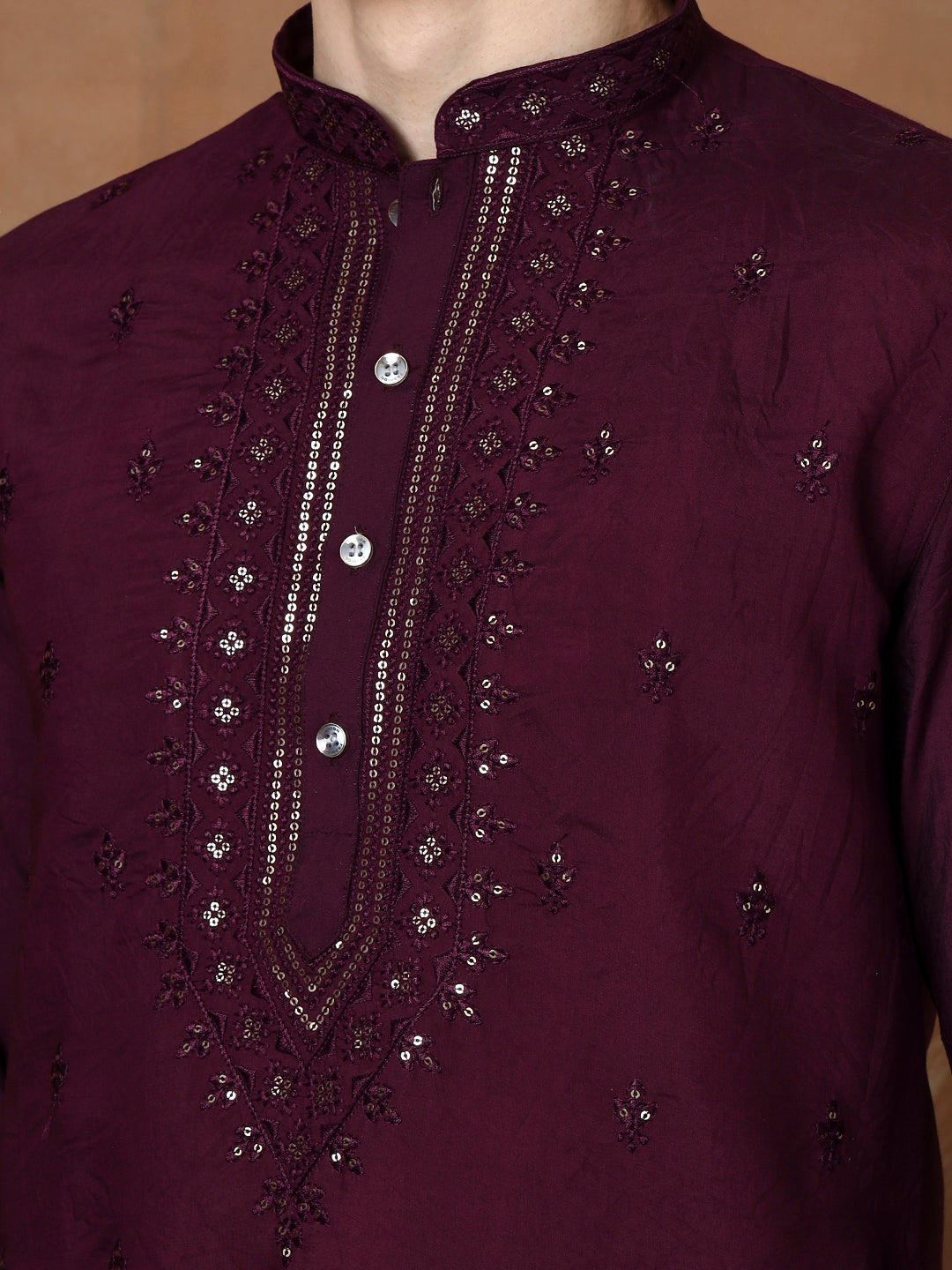 Mens Purple Thread & Mirror Work Modal Silk Kurta Set