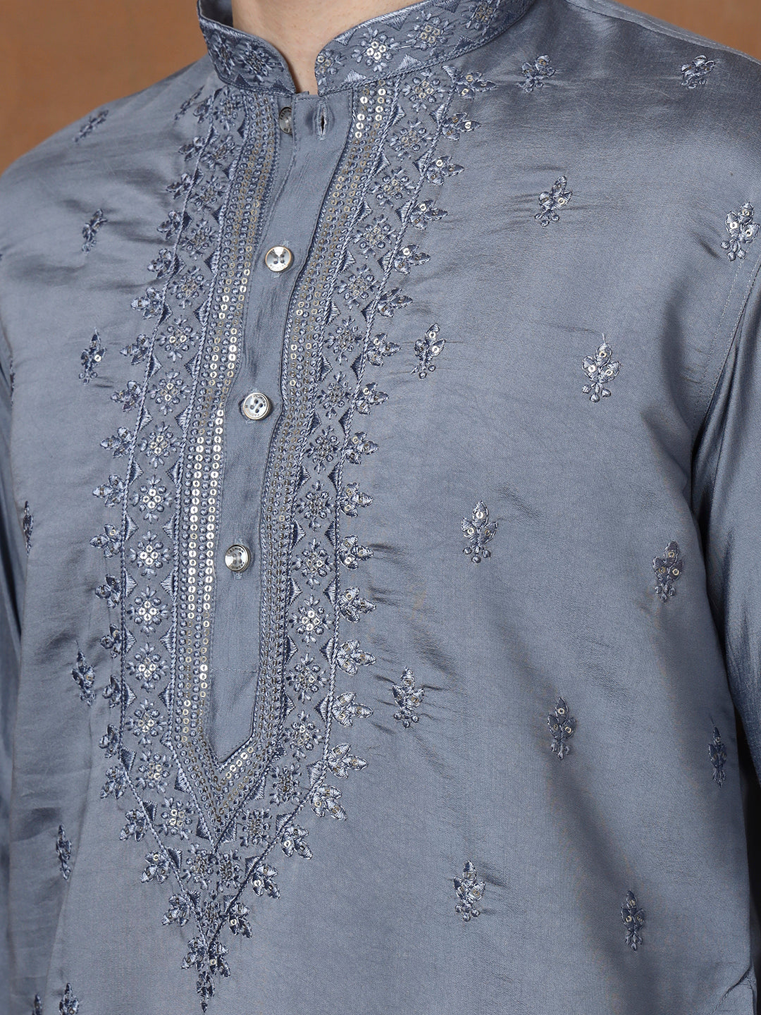 Mens Grey Thread & Mirror Work Modal Silk Kurta Set