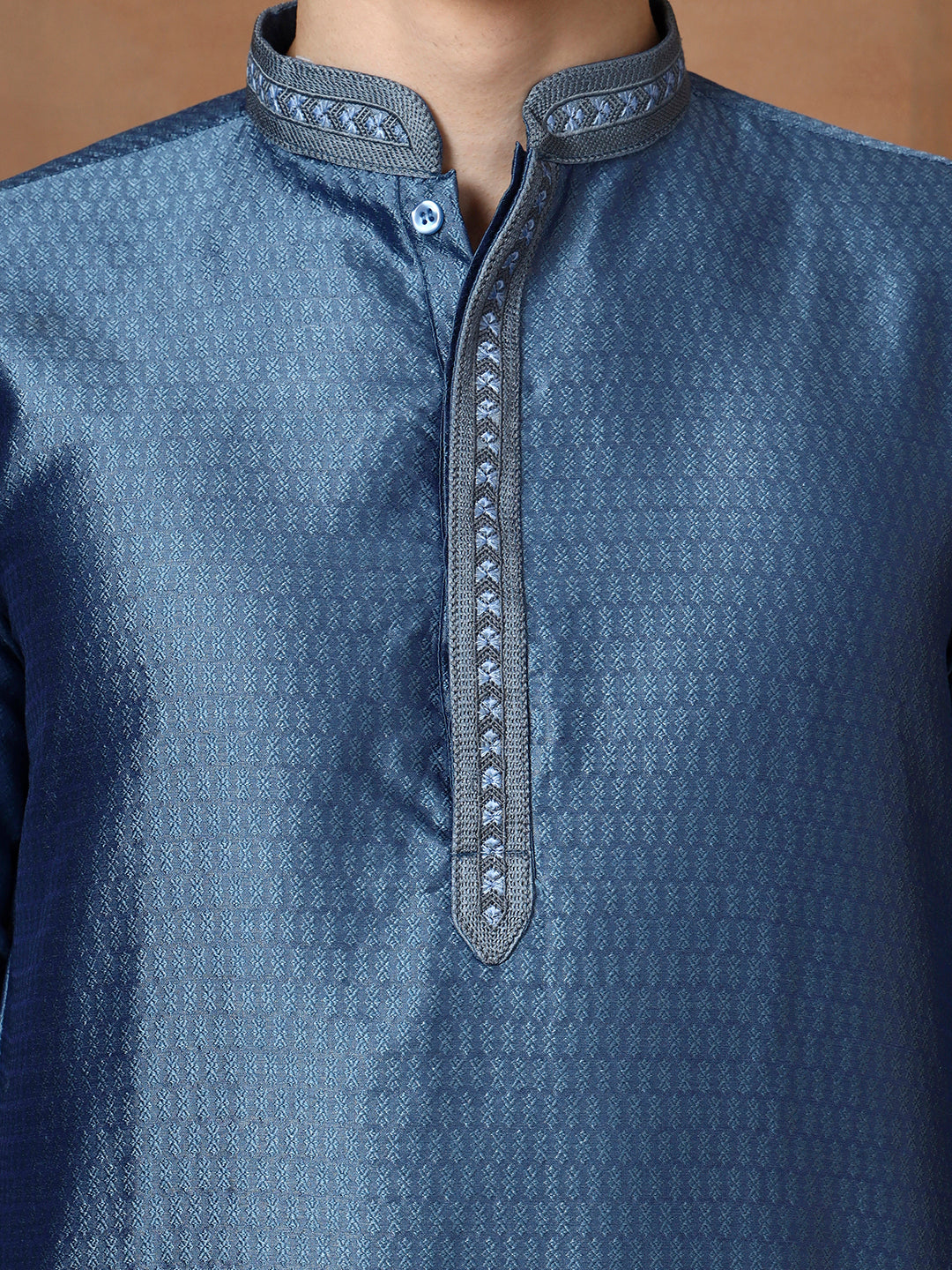 Mens Blue Self Design Jacquard Silk Kurta Set