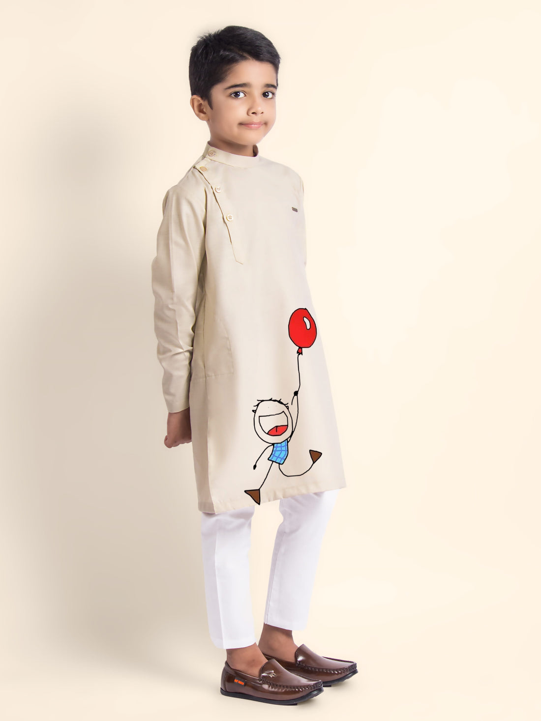 Boys Beige Cotton Kurta with Printed Design