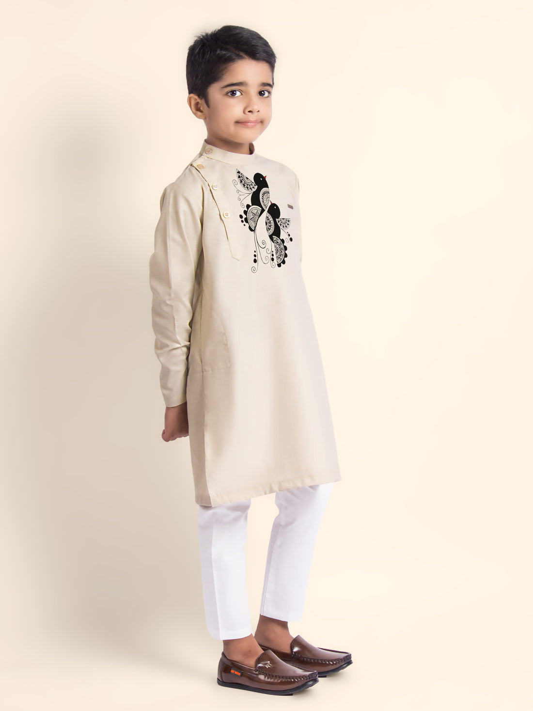Boys Beige Cotton Kurta with Printed Design