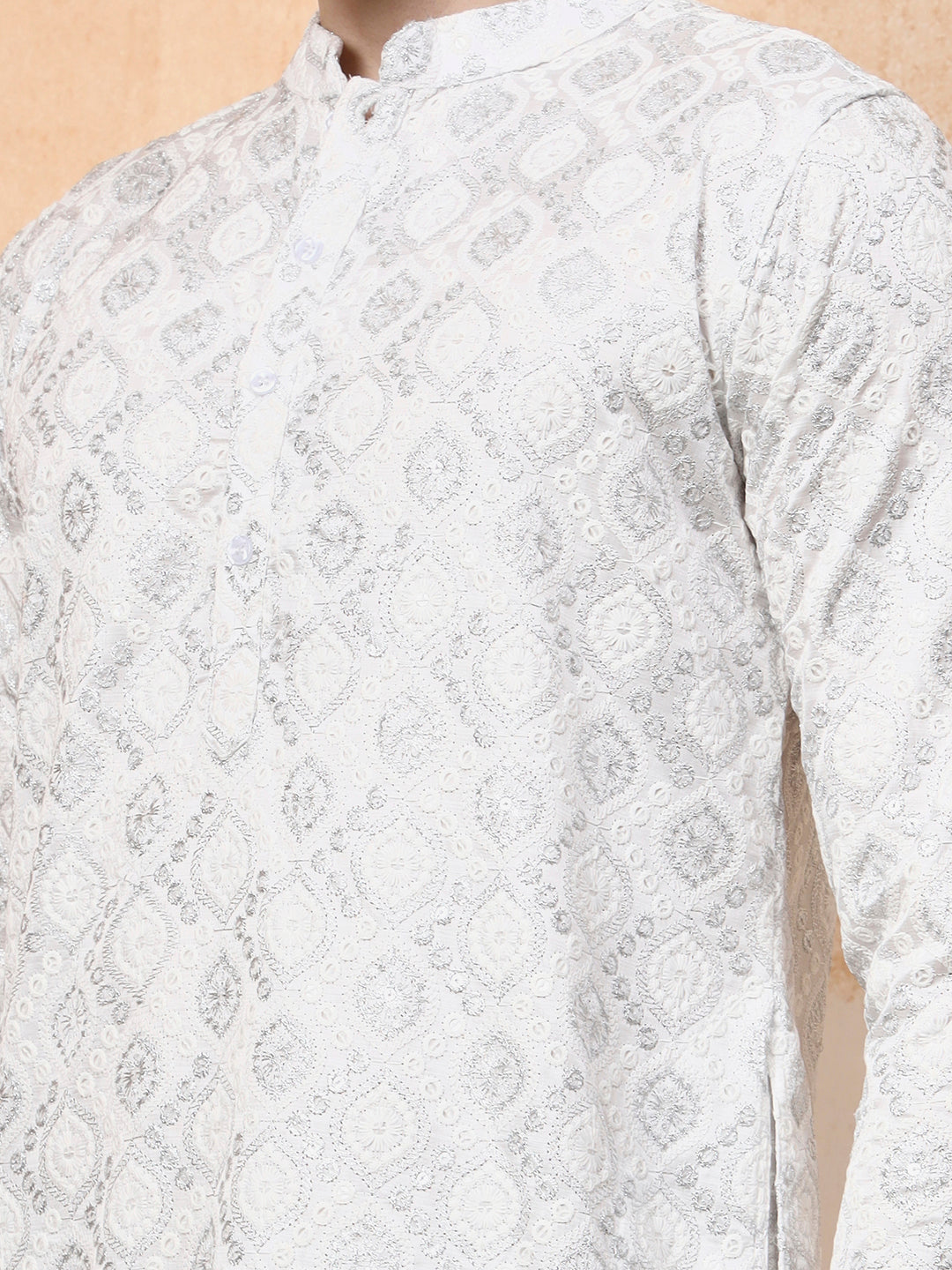 Mens White Silver Jari Work Cotton Kurta Set