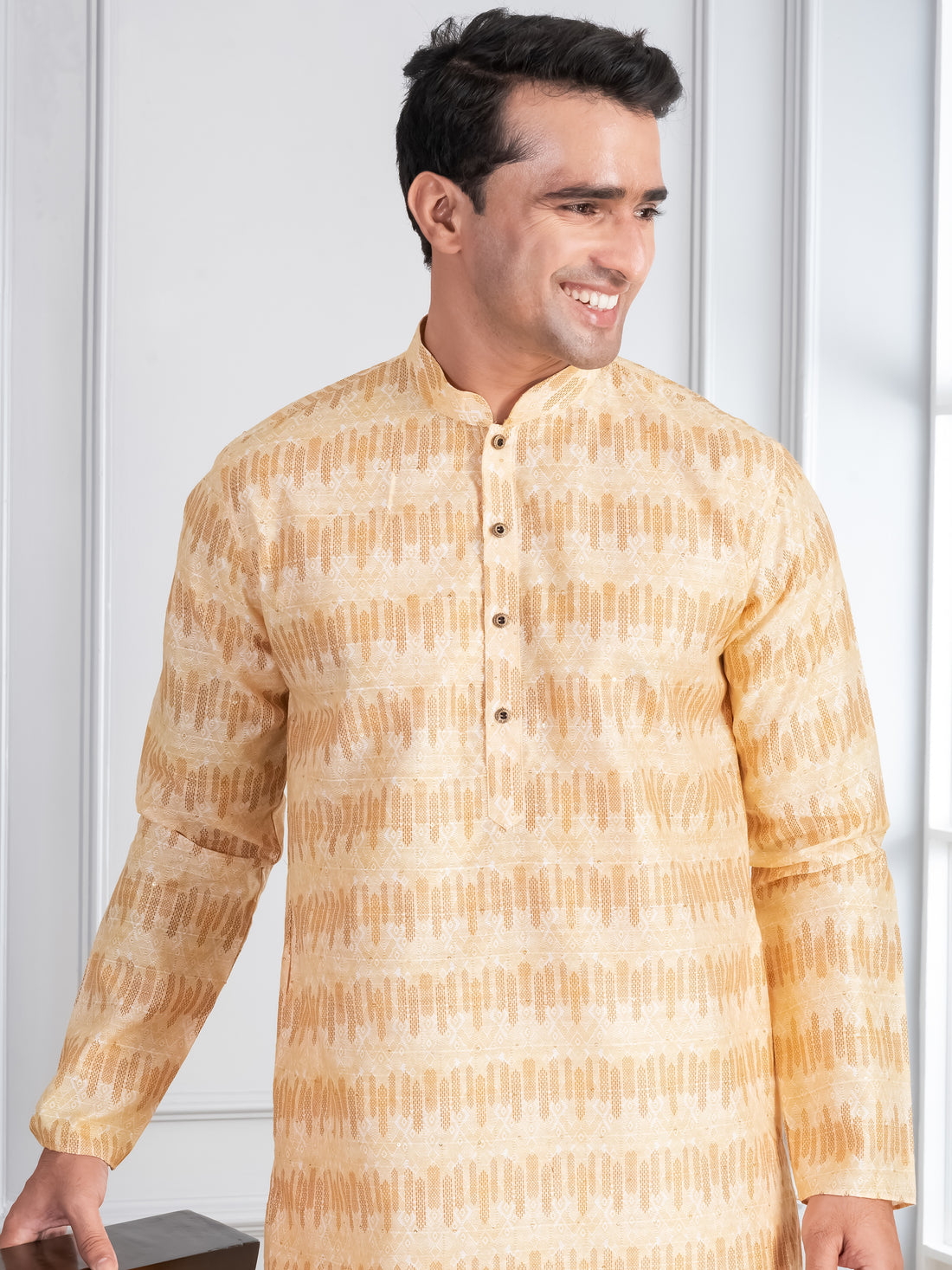 Mens Beige Sequins Work Cotton Silk Kurta Set