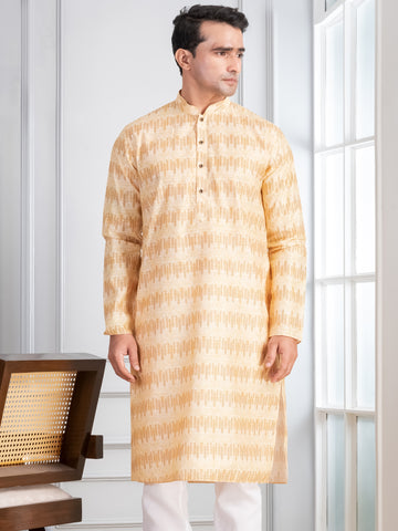 Mens Beige Sequins Work Cotton Silk Kurta Set