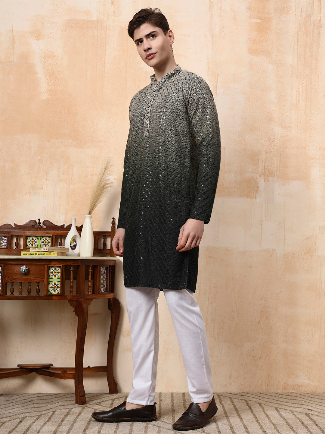 Mens Dual Tone Thread Work Viscose Rayon Kurta Set