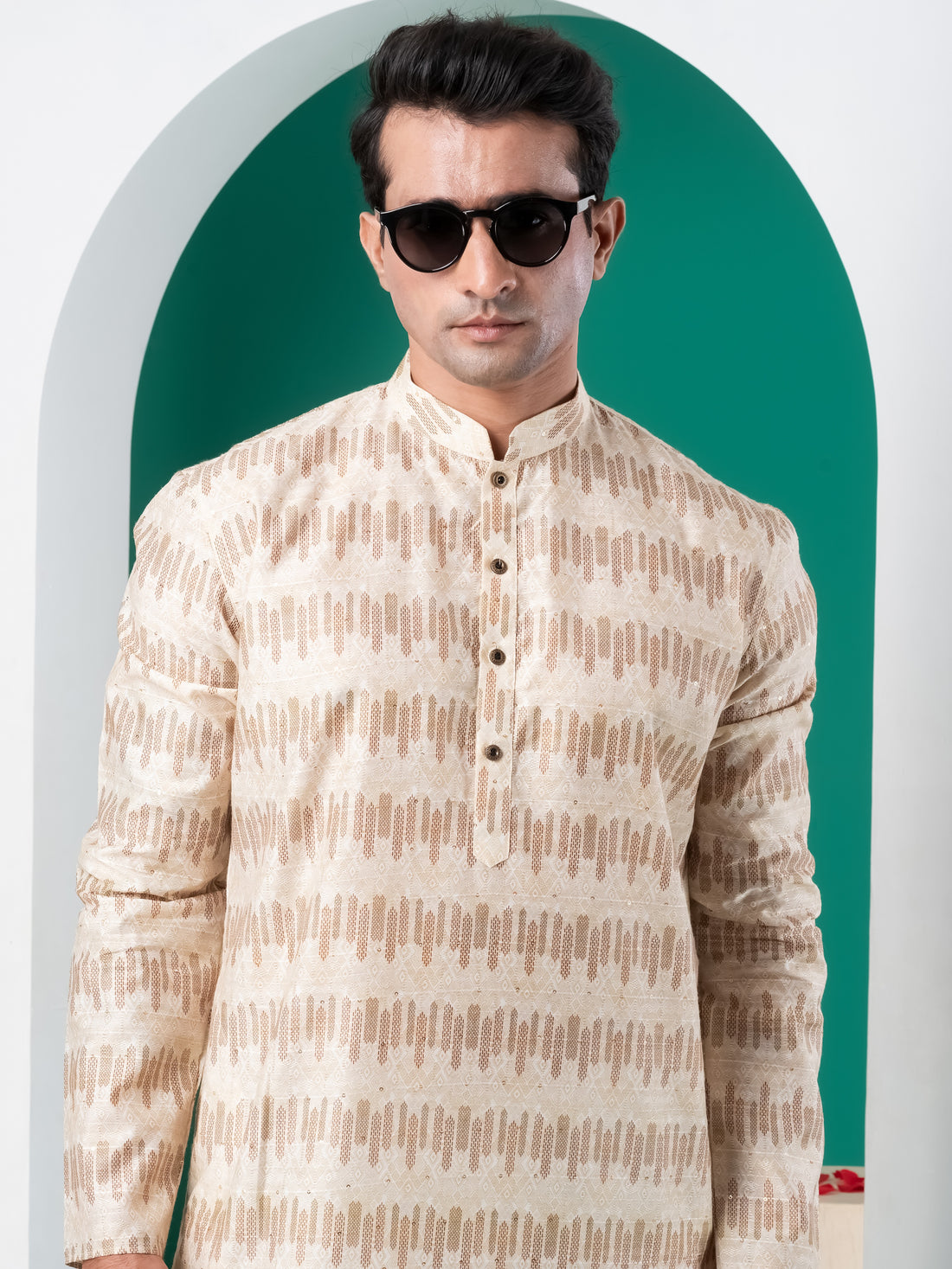 Mens Beige Sequins Work Cotton Silk Kurta Set