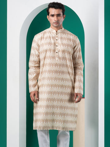 Mens Beige Sequins Work Cotton Silk Kurta Set